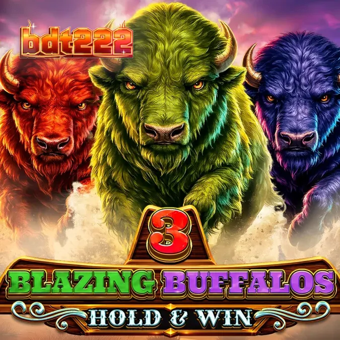 3 Blazing Buffalos: Hold & Win স্লট গেমের একটি দৃশ্য যেখানে নিওন মহিষের আত্মা দেখা যাচ্ছে।